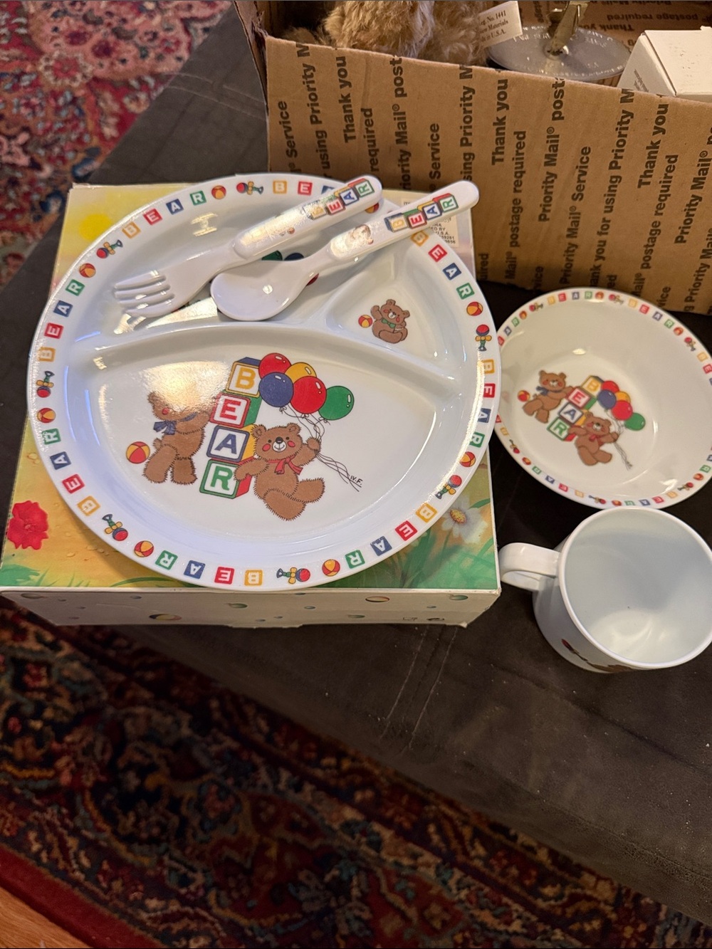 Bear-Themed Kids Dinnerware Set - White with Multicolor Accents